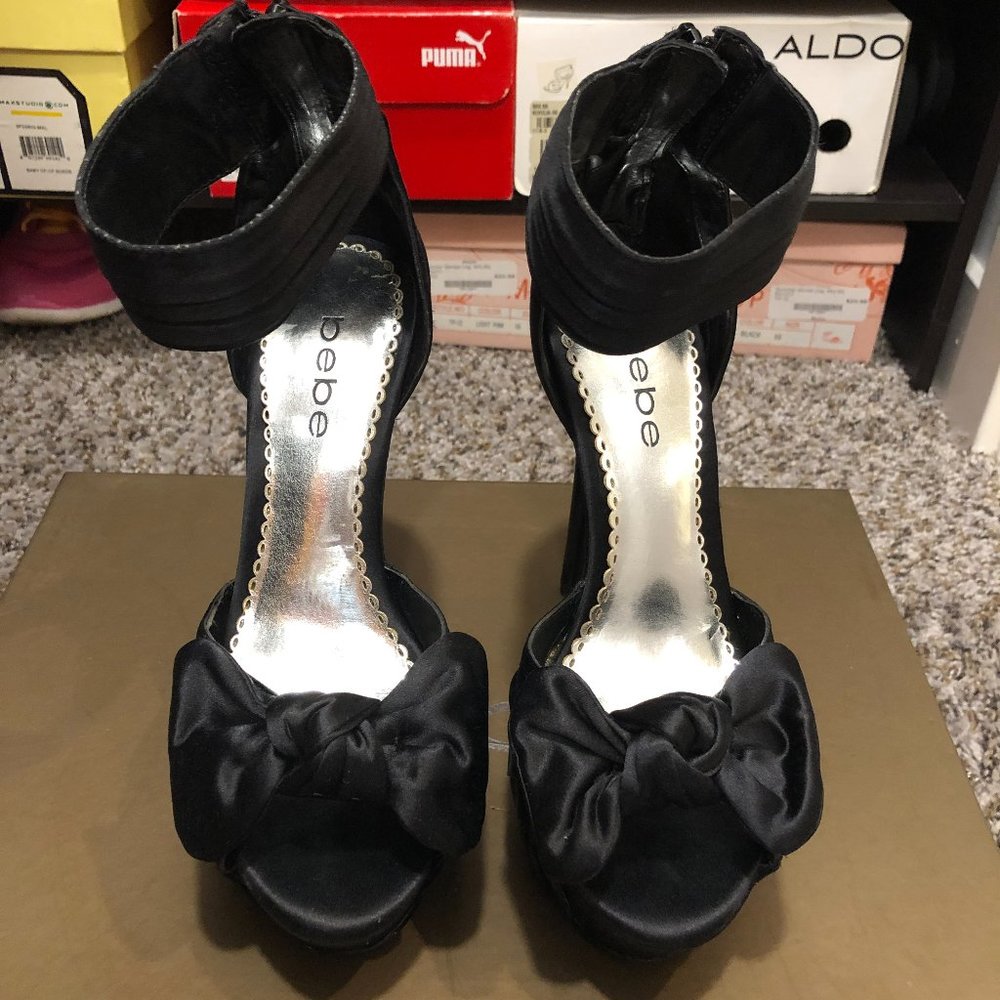 BEBE Luella Black Satin Stiletto Heels (size 7)